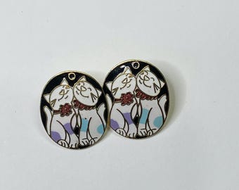 Vintage Enamel Cat Stud Earrings: White Cloisonne, Gold Tone