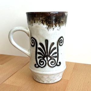 Vintage Steinzeug-Keramik-Becher ... Japan abstrakte hohe Kaffeetasse ... Tropfglasur MCM Tasse ... Retro Mid Century Küchengeschirr (2)