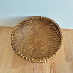 Pu&ograve; includere: Un cesto rotondo intrecciato in tonalit&agrave; marroni naturali. Il cesto ha una forma poco profonda, a forma di ciotola, e un bordo rinforzato. L'intreccio &egrave; fitto, creando una superficie strutturata. &Egrave; probabilmente realizzato in rattan o materiale simile, con un diametro di circa 30 cm.
