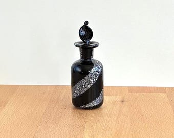Black Murano Glass Perfume Bottle...Archimede Seguso Silver Speckled Twirl Italian Cozeta Bottle With Stopper...Hand Blown Italian Glass