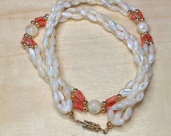 Amazing Mother Of Pearl Rice Bead Red Coral Bead Multi Strand Twist Choker 1950's Necklace