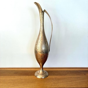 Vintage Hand-Etched Brass Pitcher: Floral Vase, India Home Decor