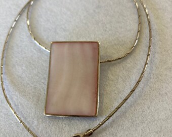 Vintage Sterling SIlver Pink Mother Of Pearl Shell Square Snake Chain Necklace and Pendant