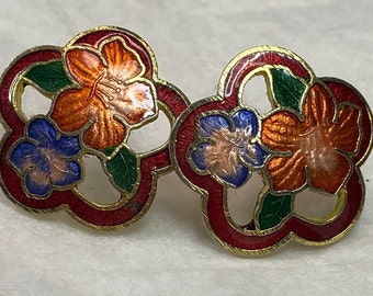 Vintage Cloisonne Flower Hibiscus Tropical Orange Blue Red Enamel Post Earrings Retro
