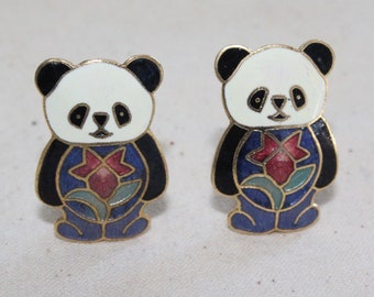 Vintage Panda Bear Earrings: Cloisonné Flower, Gold Tone Studs