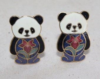 Vintage Animal Flower Unique Statement Panda Bear Japan Cloisonné Gold Tone Clip On Earring Converted to Post Earrings