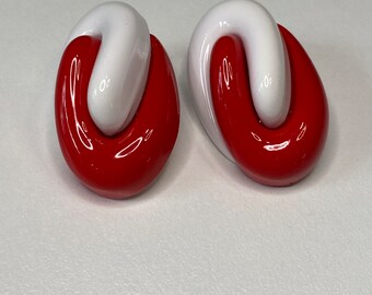 Vintage 1980&#39;s Style Chunky Large Red And White Linked Oval Post Earrings Rockabilly Retro