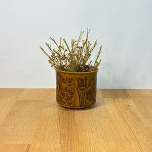 Vintage Japanese Floral Planter...Retro Glossy Brown Glazed Flower Pot...Embossed 1970's Floral Relief Design...Stackable Mug...Sugar Bowl