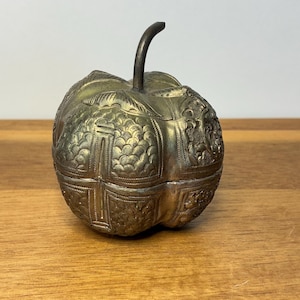 Vintage Ornate Pumpkin Gourd Betel Box...Gold Coloured Tone Over Bronze Decorative Box...Southeast Asian Metal Ornate Box...Trinket Box