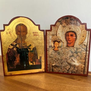 Íconos ortodoxos antiguos: Díptico de San Nicolás y la Madre de Dios... Íconos religiosos griegos sobre madera... Santuario portátil... Ícono ortodoxo griego