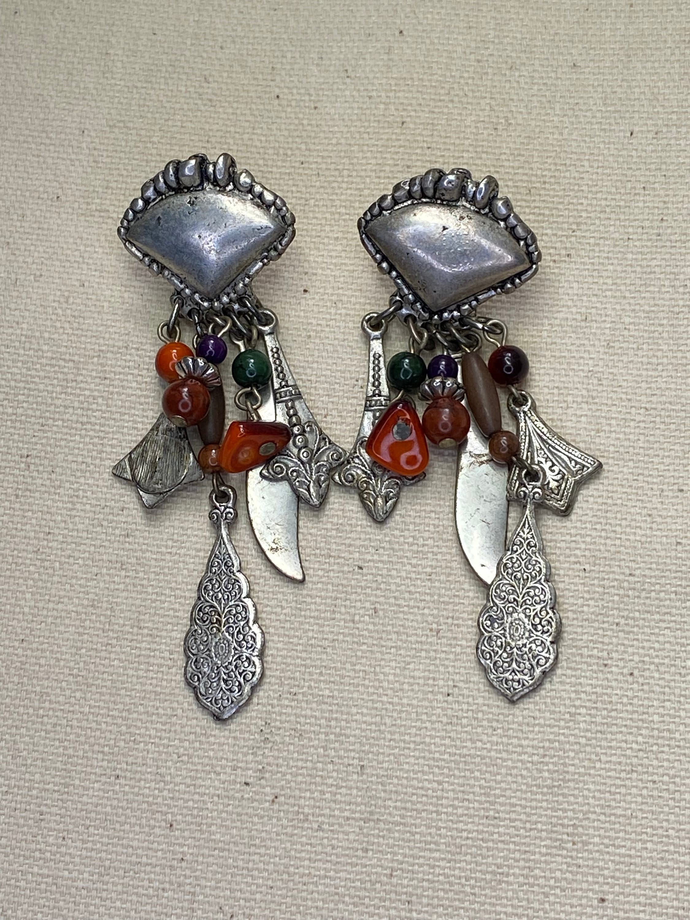 Vintage Boho Dangle Earrings: Silver Tone, Orange, Green Glass Beads