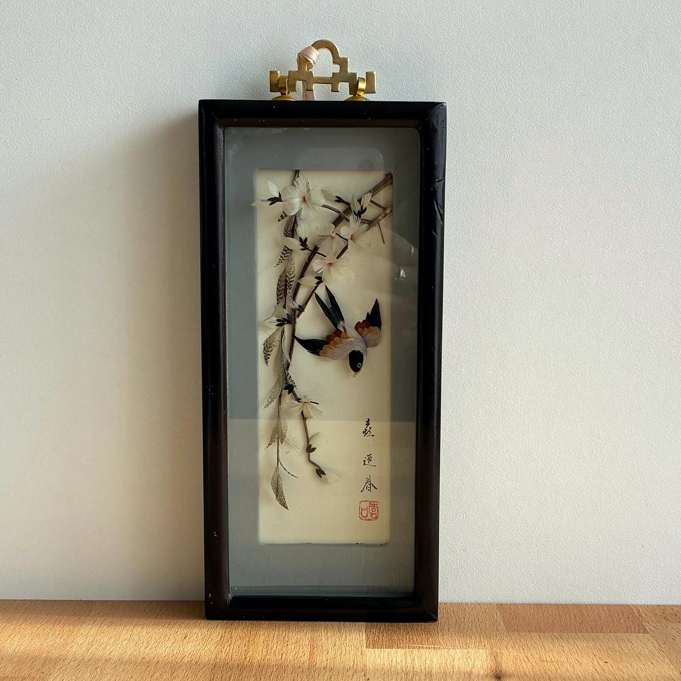 Vintage Chinese Feather Artshadow Box 3D Bird and Florals