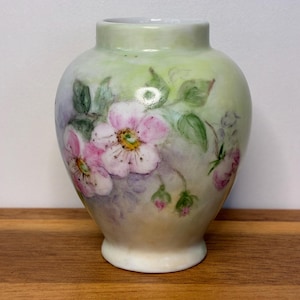 Vintage Hand-Painted Porcelain Bud Vase: Pink Rose Design, Signed 1969