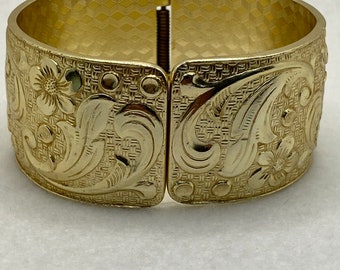Vintage Gold Eloxal 1950's Floral Feminine Chunky Hinged Bangle Retro Statement Bangle Bracelet Cuff