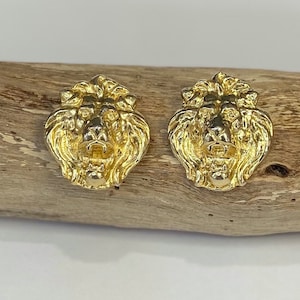 Vintage 1980's Chunky Large Gold Tone Lion Roaring Stud Earrings Oversized Retro Classic Glam Statement Earrings