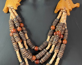 Amazing African Elephant Hand Carved Wood Multi Strand Coconut Beaded Necklace Boho Statement