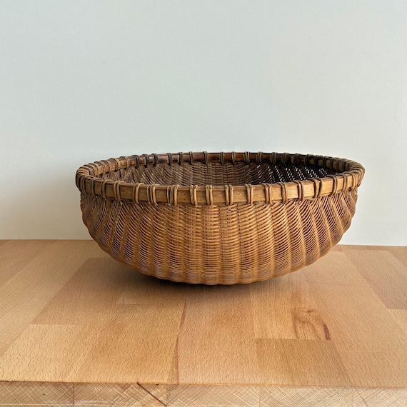 Vintage Winnowing Basket...Woven Bamboo Fruit Bowl...Colander Winnowing Basket...Woven Bowl...Mid Century Home Decor...Harvest Basket