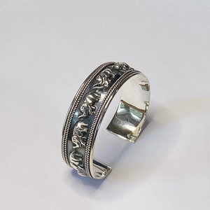 Sterling Silver Elephant Embossed Boho Tribal African Cuff Bangle Caravan Of Elephants