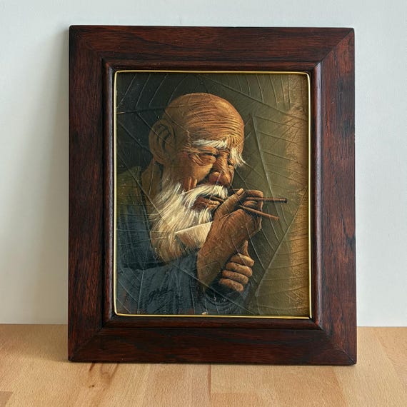 Vintage Framed Tobacco Leaf Canvas Painting...Elderly Wise Man Eating  Painting On Leaves...Signed Original Wall Art..Unique Teak Brass Frame
