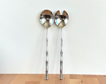 Cuchara y tenedor de plata vintage para servir ensalada... Mangos con forma de bambú... Servidores de ensalada... Vajilla de plata... Decoración de plata para el hogar... Modernista