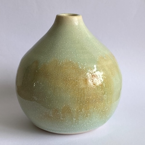 May include: A small, round ceramic vase with a light green glaze and a subtle brown speckled pattern.