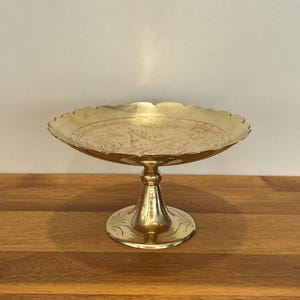 Vintage Solid Brass Footed Pedestal Bowl...Chinese Hand Etched Scalloped Bowl...Gold Home Decor...Floral People Landscape Imagery