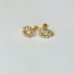 Vintage Austrian Gold Tone Aurora Borealis Crystal Ring Circle Screw Back Earrings