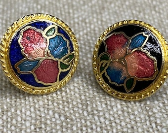 Vintage Gold Tone Floral Cloisonne Enamel Peach Blue Green Stud Earring