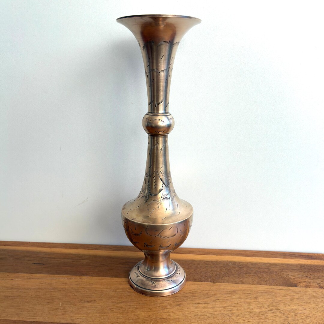 ハンドエッチング真鍮製花瓶大型ヴィンテージインド装飾高さ30cm