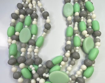Vintage Green Light Green Grey White Plastic Multi Sized Bead Multi Strand Necklace.