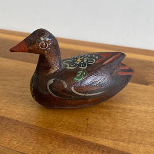 Vintage Hand Painted Hand Carved Wooden Duck..Folk Art Duck...Artisan Wooden Duck...Small Wood Painted Duck...Signed Wooden Duck Figurine
