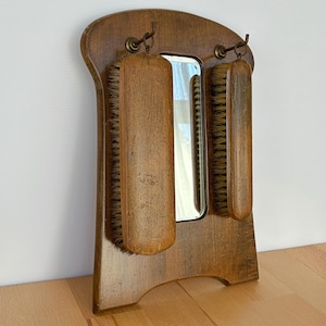 Mid Century Beveled Wall Mirror with Clothes Brushes: 1950s Grooming Set