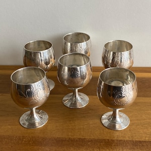 Vintage Set Of 6 EPNS Silver Plated Small Goblets..Judaica Shabas Goblets...Hand Etched Engraved 1960&#39;s Drinkware...Floral Design Adorable