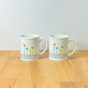 Vintage Pastel Floral Mug Set 2...Classic 1980's Graphic Coffee Mugs...White Cup With Yellow Blue Pink Green Lines And Flowers