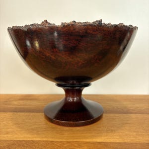 Hand-Turned Live Edge Wood Pedestal Bowl: Dark Red Australian Timber