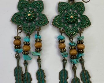 Vintage Turquoise Stone Wood Boho Hippie Ethnic Indian Gold Teal Flower Feather Drop Dangle Green Earrings