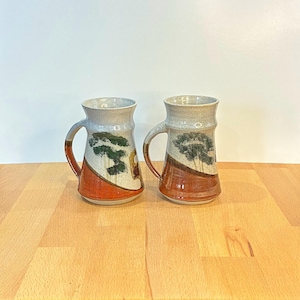 Juego de 2 tazas de cerámica vintage de estudio... Juego de tazas con diseño abstracto del horizonte australiano... Taza de café de gran tamaño... Taza de gres orgánico de forma y tamaño únicos