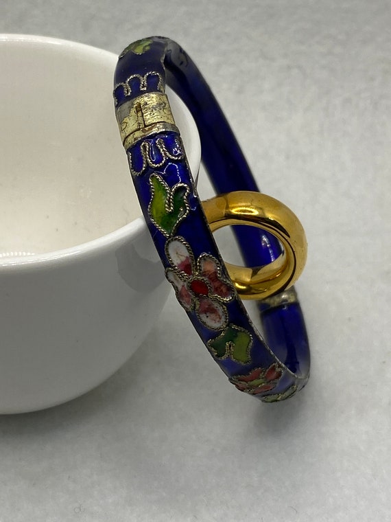 Vintage Blue Chinese Cloisonne Red  White Flower … - image 9