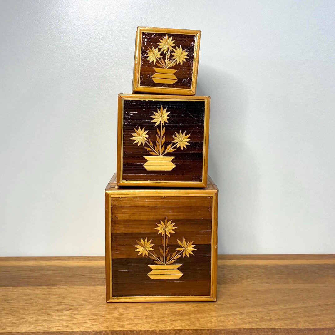 Vintage Bamboo Nesting Boxes Set of 3...red Felt Lined Trinket Storage ...
