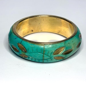 Vintage Brass & Turquoise Dyed Bone Bangle: Hand Carved Floral Design