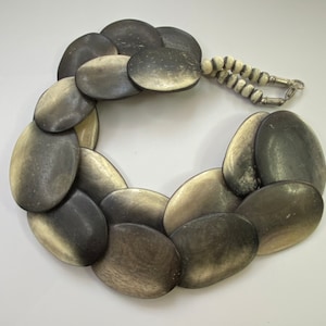 Vintage Chunky Bovine Cow Bone Disc fFat Bead Large Grey Cream Boho Retro Long Necklace