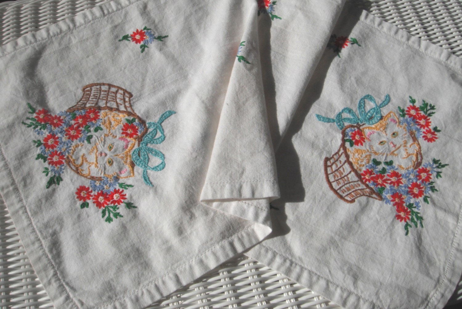 Vintage Handmade Linen Dresser Scarf with Embroidered Kittens Etsy