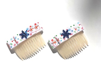 Snowflakes and Snowmen Blue & White Christmas Holiday Hair Combs - by FairyLace Designs