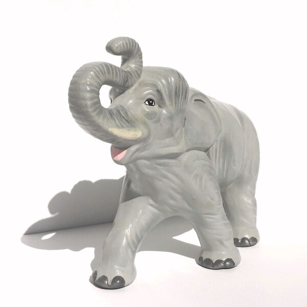 Vintage Elephant,  Large Gray Elephant, Ceramic Elephant, Lucky Elephant,  Trunk Raised Elephant,