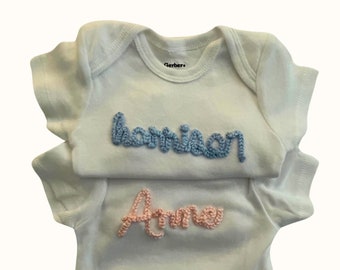 Embroidered ONESIES® brand, Newborn, Baby Shower Gift, Pregnancy Announcement Onesie®, Custom Hand Embroidered Name, Long Sleeve Onesie®