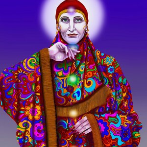 May include: A woman wearing a red hat and a colorful, psychedelic patterned robe with fur trim. She has a white halo with glowing lights around her head and body.