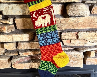 Christmas Stockings, Knit Christmas Stockings, Personalized Christmas Stockings, Knitted Custom Christmas Stocking, Red Bear, Blue Snowflake