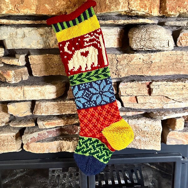 Christmas Stockings, Knit Christmas Stockings, Personalized Christmas Stockings, Knitted Custom Christmas Stocking, Red Bear, Blue Snowflake