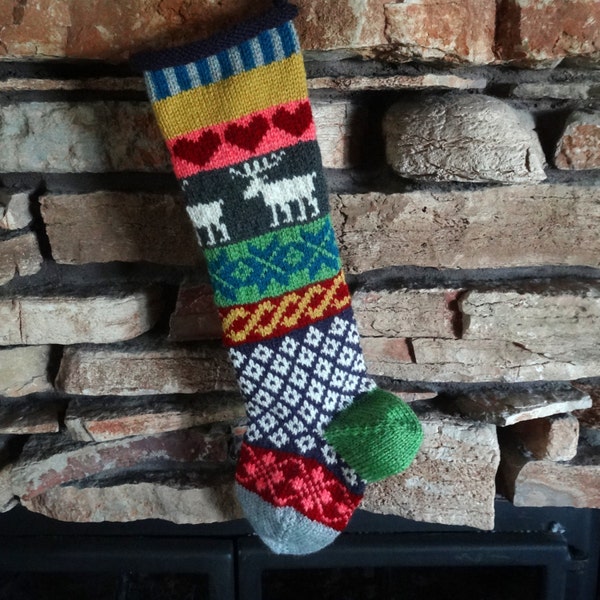 RESERVED FOR SARAH Knitted Personalized Christmas Stocking, Knit Stocking, Fair Isle Knit Stocking, Gray Moose, Red Hearts, Plum Diamonds