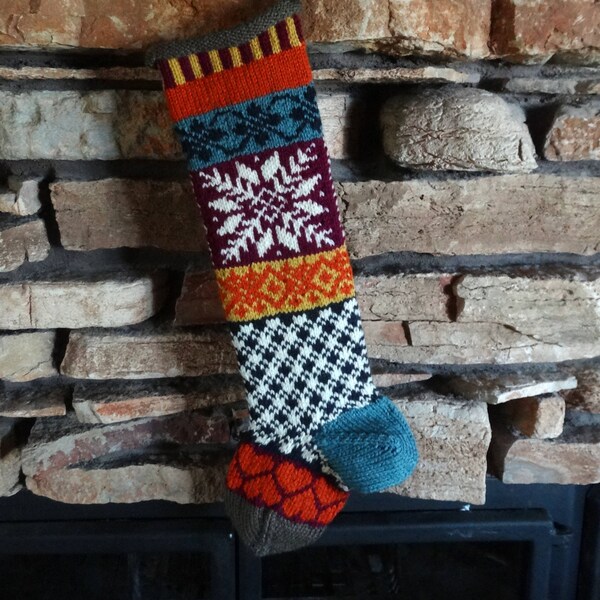 Personalized Christmas Stocking, Knit Christmas Stocking, Knitted Christmas Stocking, Christmas Stockings, Fuchsia Snowflakes, Orange Hearts